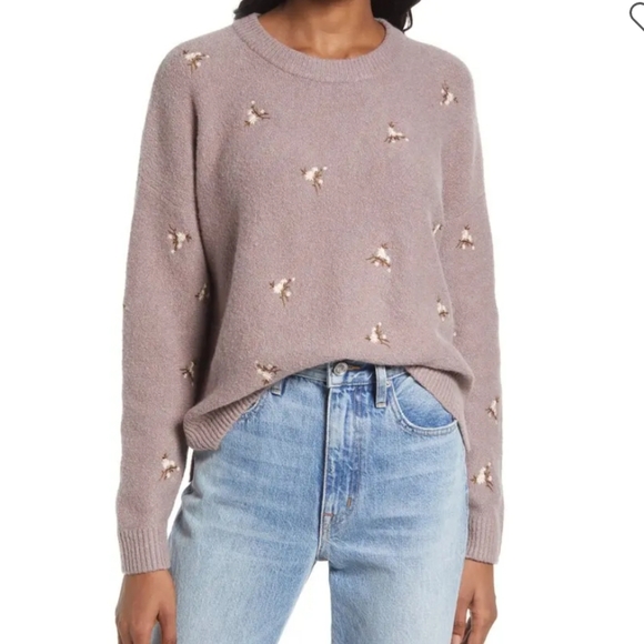 Embroidered Cross-Stitch Floral Sweater - Heather Lavender Size Small Retail$110 - Picture 1 of 13